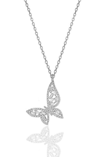 Söğütlü Silver Gümüş Rodyumlu Baget Kesim Zirkon Taşlı Kelebek Kolye Sgtl1198...