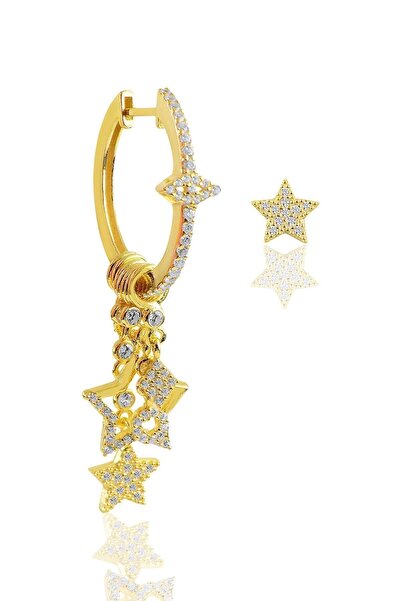 Söğütlü Silver Gümüş Altın Yaldızlı Zirkon Taşlı Yıldız  Şans Küpesi