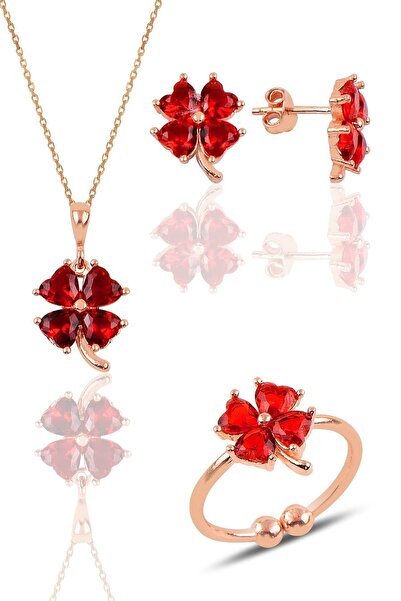Söğütlü Silver Gümüş Rose Kırmızı Taşlı Yonca Kolye Küpe Ve Yüzük Üçlü Set Sg...