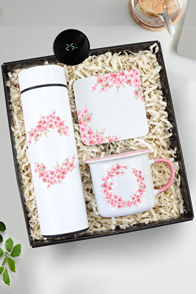 Trendmiya Tasarım 500 ML Dereceli Termos & Bardak Altlığı & Pembe Renk Detayl...