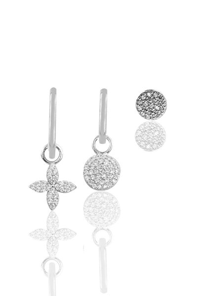 Söğütlü Silver Gümüş Rodyumlu Zirkon Taşlı Kombin Üçlü Küpe Seti Sgtl11651rodaj