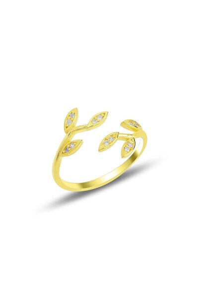 Söğütlü Silver Gümüş Altın Yaldızlı Zirkon Taşlı Üstten Ayarlamalı Yaprak Yüz...