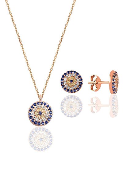 Söğütlü Silver Gümüş Rose Zirkon Taşlı Nazar Kolye Ve Küpe Gümüş Ikili Set Sg...