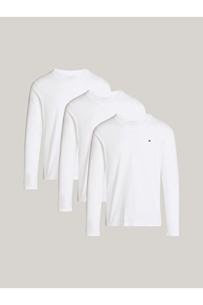 Tommy Hilfiger Men's White T-shirt - 3 Pack, Long Sleeve, Round Neck, Casual ...