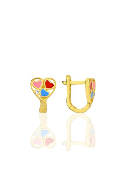 Söğütlü Silver Gümüş altın yaldızlı zirkon taşlı renkli kalpler çocuk küpesi SGTL12365GOLD