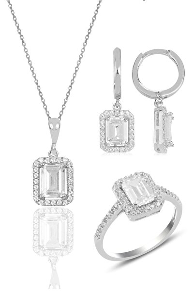 Söğütlü Silver Gümüş Rodyumlu Baget Taşlı Üçlü Set Sgtl11564