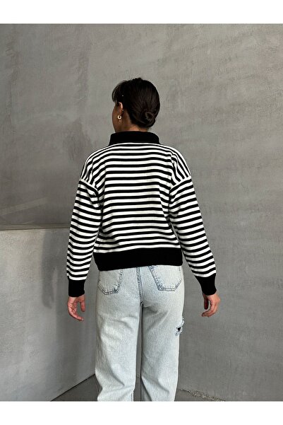 BEJNA Pulover de tricotaj cu dungi negre cu gât polo - cu nasturi