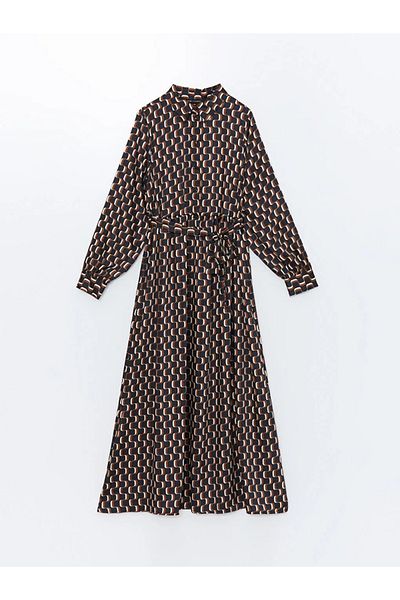 LC Waikiki LCW Modest - Γυναικείο φόρεμα με γιακά με καφέ στάμπα