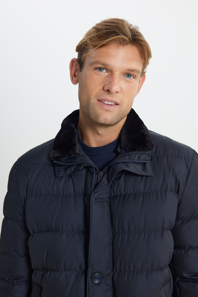 AC&Co / Altınyıldız Classics Navy Blue Men's Puffer Coat - Stand Collar, Side Pocket, Standard Fit