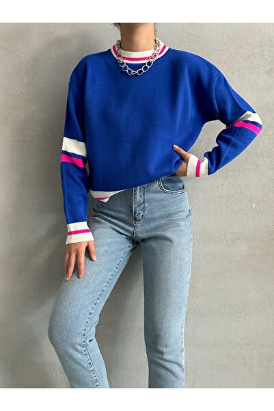 BEJNA Pulover de damă din tricotaje albastre - cu detaliu de țesut