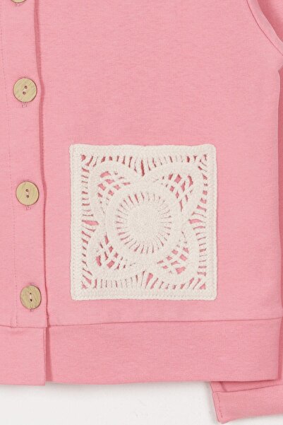 zepkids Crew Neck Long Sleeve Lace Pocket Detailed Dark Pink Color Girl's Two Piece Set