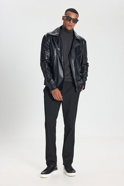 AC&Co / Altınyıldız Classics Pánská černá kožená bunda se zipem Standard Fit Regular Cut Double Breasted Collar