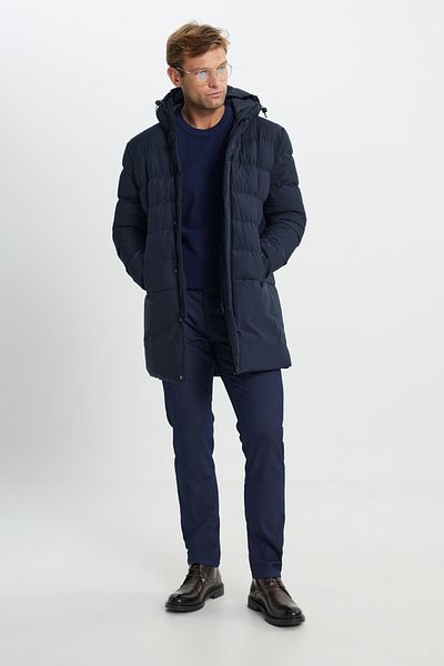 AC&Co / Altınyıldız Classics Navy Blue Men's Coat - Standard Fit, Hooded, Stand Collar and Side Pocket