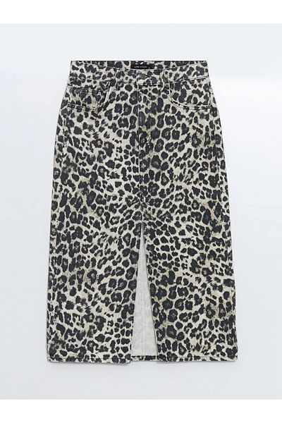 LC Waikiki Fusta de jeans pentru femei LCW Vision, bej deschis, cu imprimeu leopard