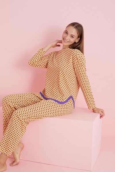 Siyah İnci 7776 Model Orange Purple Patterned Piping Pajama Set