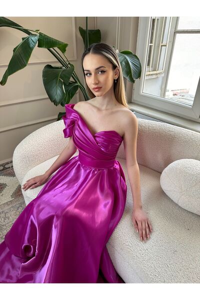 Genel Markalar Tek kol parlak saten kiloş uzun abiye elbise Düğün Nişanlık Me...