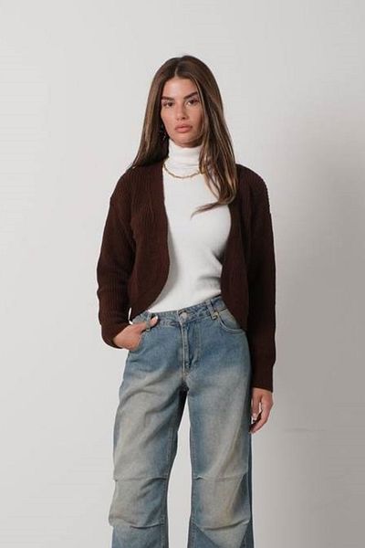 bayansepeti Καφέ Crop Knitwear Cardigan - Piping Λεπτομερής, Μοντέλο 24W21017