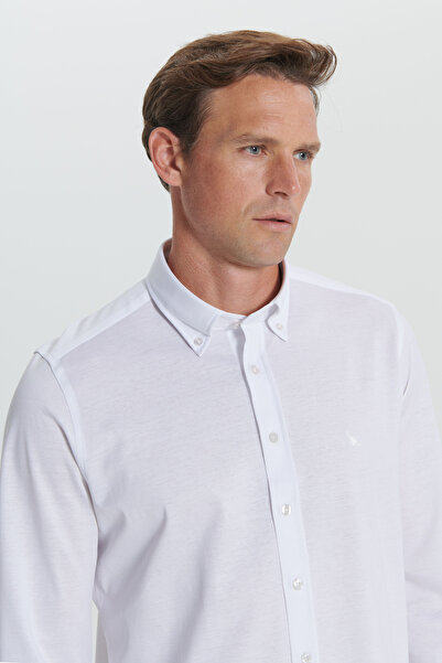 ALTINYILDIZ CLASSICS White Slim Fit Knitted Shirt - Buttoned Collar