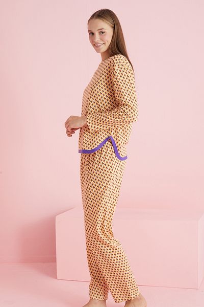 Siyah İnci 7776 Model Orange Purple Patterned Piping Pajama Set