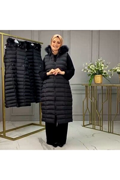 Tesettür Sultan Long Plus Size Fur Hooded Puffer Vest