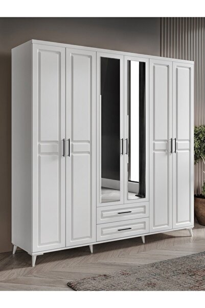 GuneyStore Ücretsiz Montaj Gözde 6 Kapaklı Aynalı Komple Mdf Beyaz Gardırop