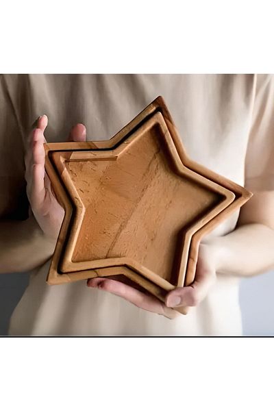 Tinex Natural Wooden Decorative 2-Piece Star Snack Bowl Presentation Plate