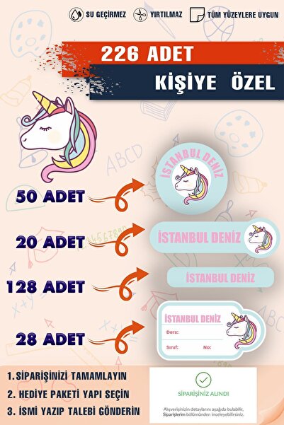 Unicorn Kişiye özel isimli okul -kreş - anaokulu etiketleri 226 parça
