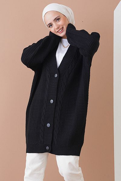 Bigdart سترة صوفية محبوكة من Hijab - أسود