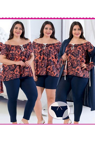 JENİKA Plus Size Women's Nightgown and Dressing Gown Set - 7 Pieces