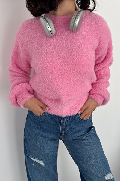 FEMELLE Pembe Sakallı Triko Kazak Standart Beden Bisiklet Yaka Basic