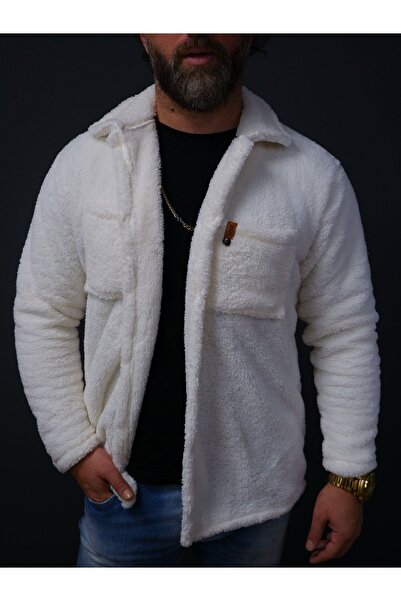 S&R FASHION Біла плюшева куртка з шкіряною етикеткою на грудях та ґудзиками