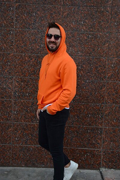 HUMEN Orange Men's Fleece Sweatshirt - Long Sleeve, Hooded and Kangaroo Pocket