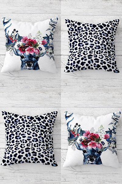 Fortuna Deer and Leopard Patterned Hidden Zippered Throw Pillow Cover Sofa Pillow Cover Set (4 Pieces)