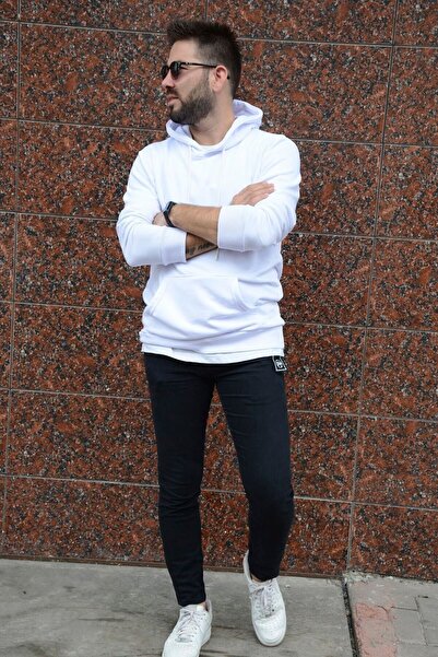 HUMEN Erkek Beyaz Uzun Kollu Kapüşonlu Üst Kanguru Cepli Beyaz Polar Sweatshirt