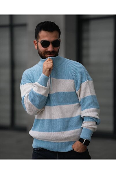 mayastyle мъжки плетен пуловер с дебели ивици, цип и висока яка