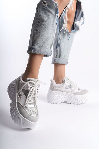 Limeo Piele albă din piele întoarsă stralucitoare, cu detaliu, siret, talpa inalta, pantofi sport casual pentru femei