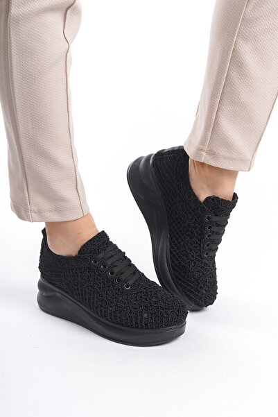 Limeo Summer Daily Women's Casual Ballerina Shoes - Black Lace Motif, High Sports Sole