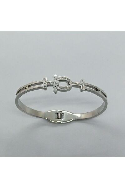 Ödül Moda سوار من الفولاذ الفضي بحجر الزركون على شكل حدوة حصان