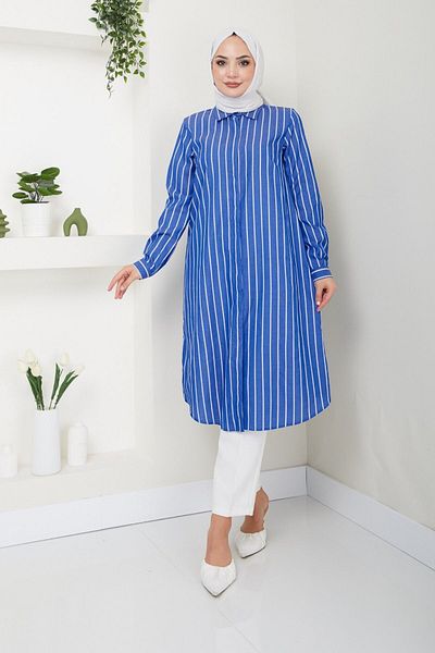 Eliva Saks Blue White Striped - Buttoned Collar Long Hijab Tunik