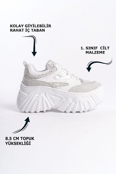 Limeo Piele albă din piele întoarsă stralucitoare, cu detaliu, siret, talpa inalta, pantofi sport casual pentru femei