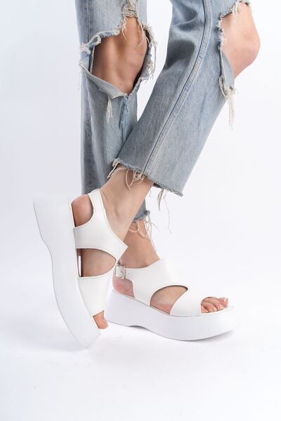 Limeo White High Sole Closed Side Open Buckle i Summer Women's Wedge Heeled Sandals