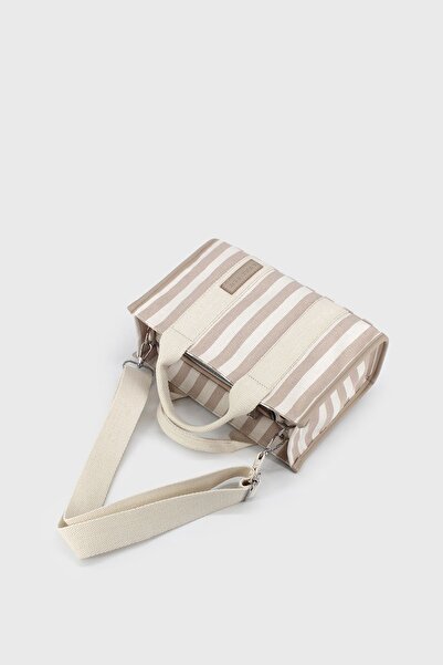 LUNABLU Kadın Vizon Çizgili Keten Orta Boy Çapraz Askılı El Ve Omuz Çantası