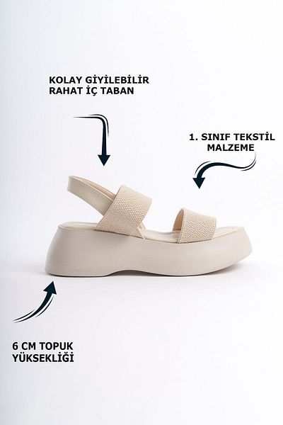 Limeo Krémové letní dámské sandály na klínovém podpatku elastické se dvěma pruhy na vysoké podrážce