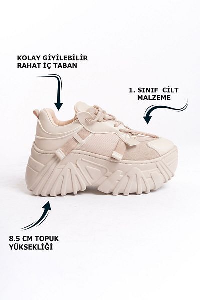 Limeo Pantofi sport cu dantelă din piele crem cu talpă înaltă