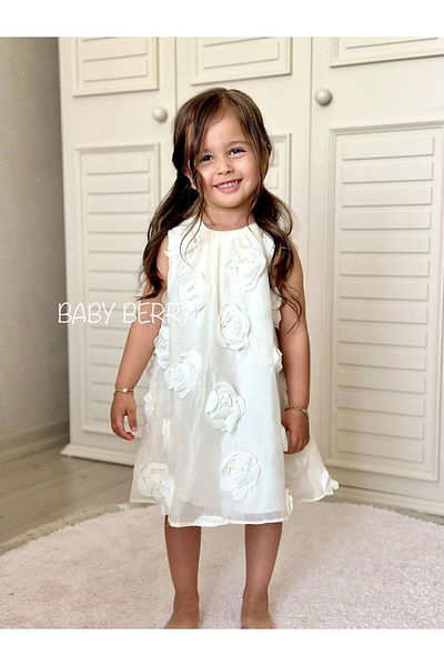 Baby Berry Baby store Ecru Colored Baby Girl Special Occasion Dress - Three-Dimensional Rose Detail and Floral Pattern