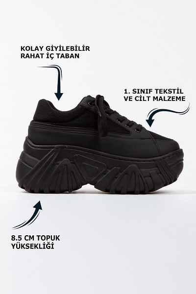 Limeo Pantofi sport negri cu dantelă, cu talpă înaltă, casual, pentru femei