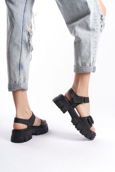 Limeo Sandale de vară cu velcro negre, talpă moale, cu cataramă în față, cu dungi groase