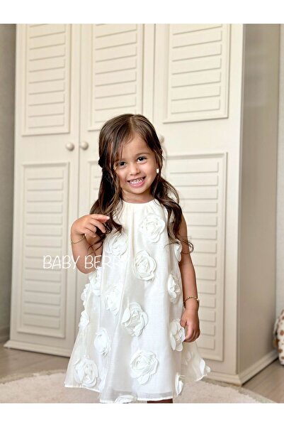 Baby Berry Baby store Ecru Colored Baby Girl Special Occasion Dress - Three-Dimensional Rose Detail and Floral Pattern