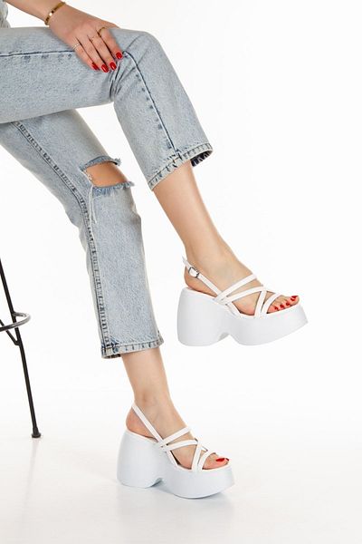 Limeo White High Sole Side Buckle Cross Four Thin Stripe Open Front Summer Women's Sandals Shoes