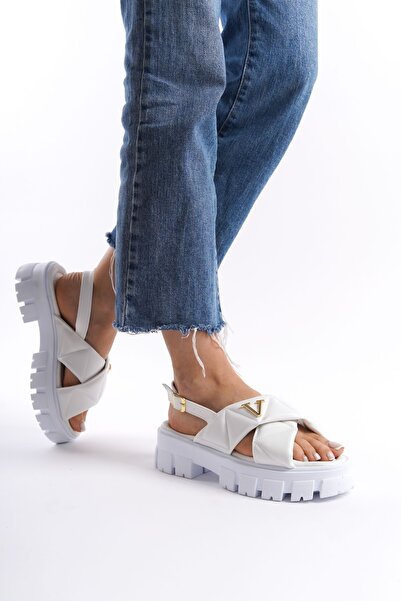 Limeo Gold V Logo Detailed White Puff Summer Women's Sandals - High Soft Sole